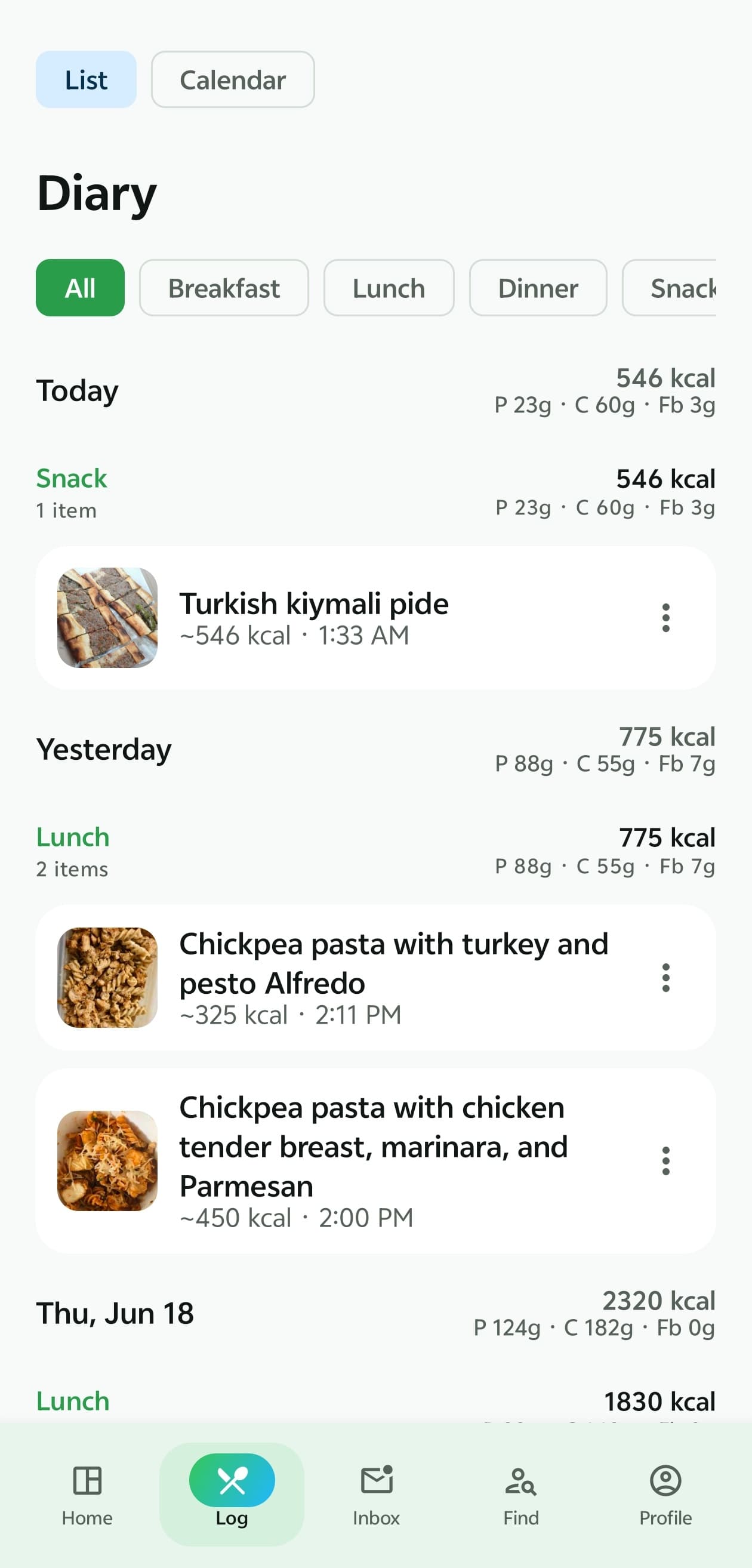 BiteMeasure Diary: meals grouped by day and category with calorie and macro totals