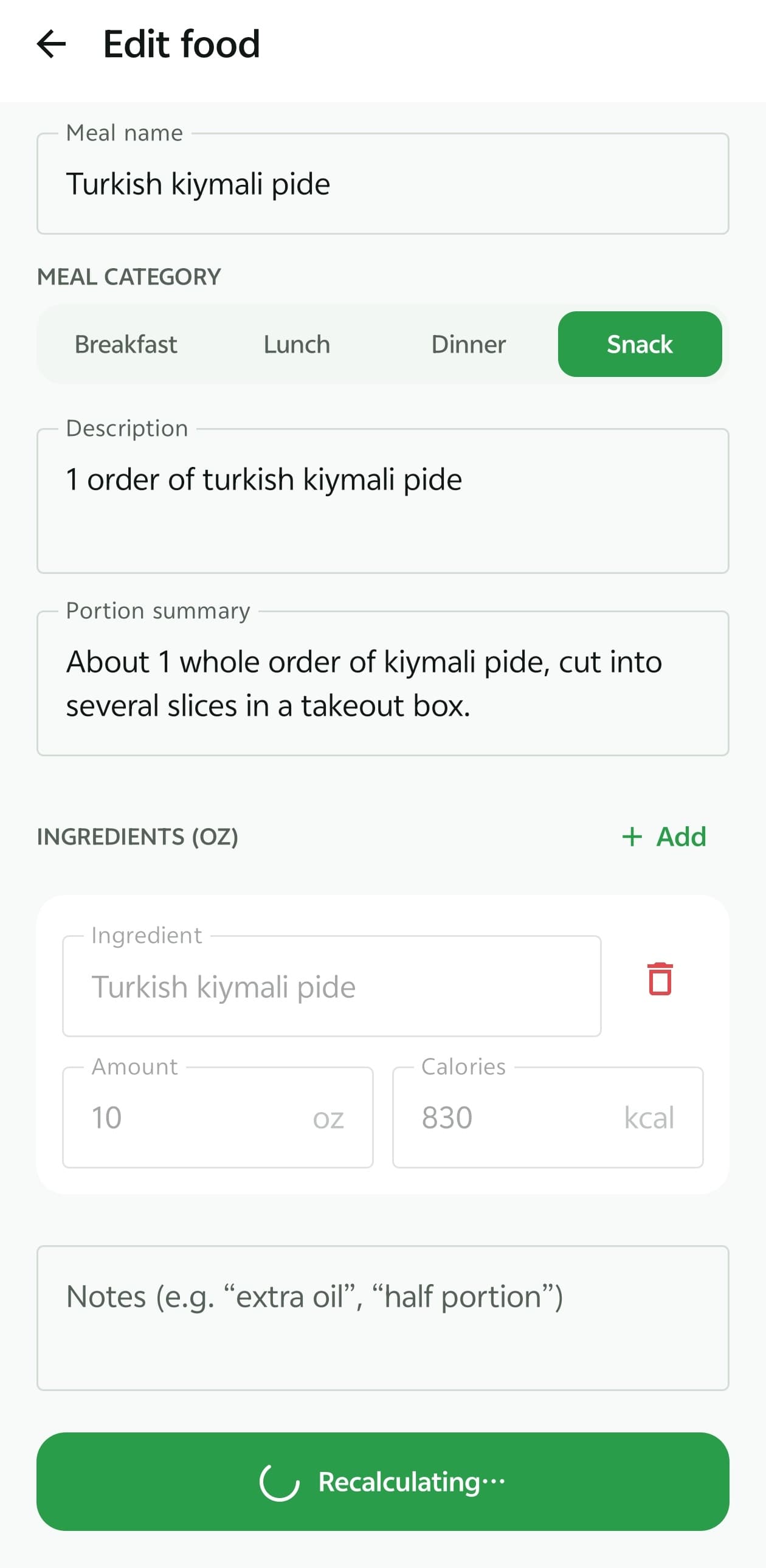 BiteMeasure Edit food: meal name, category, portion summary and ingredient amounts before recalculating