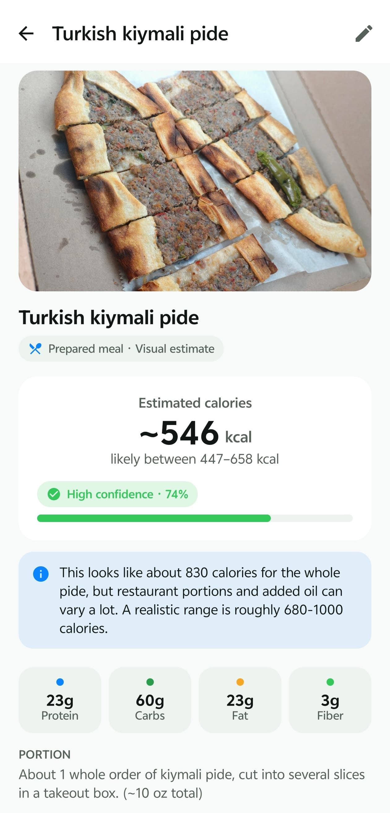 BiteMeasure food analysis: Turkish kiymali pide, about 546 kcal, likely 447–658 kcal, high confidence 74%